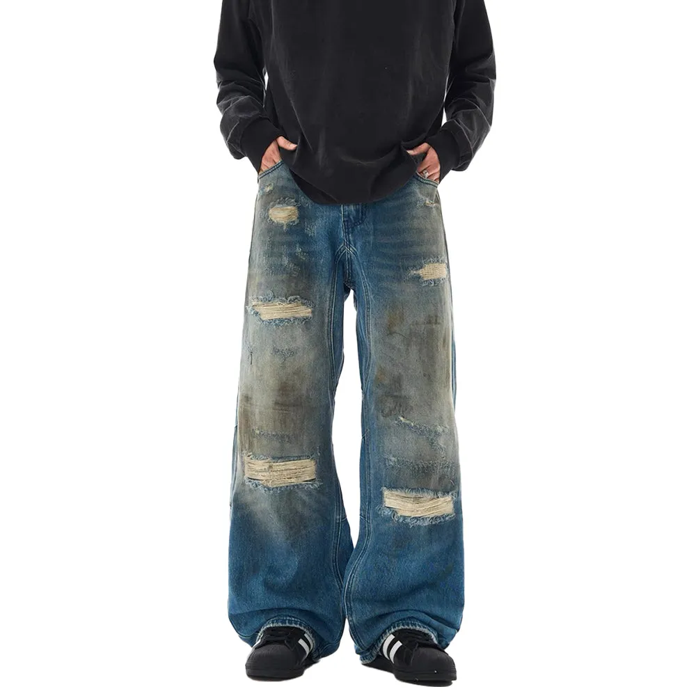 DF Street Retro Blue Distressed Holes Jeans