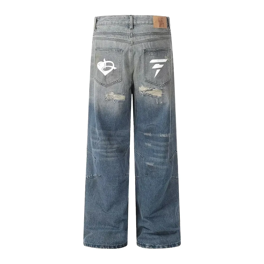 DF Street Retro Blue Distressed Holes Jeans