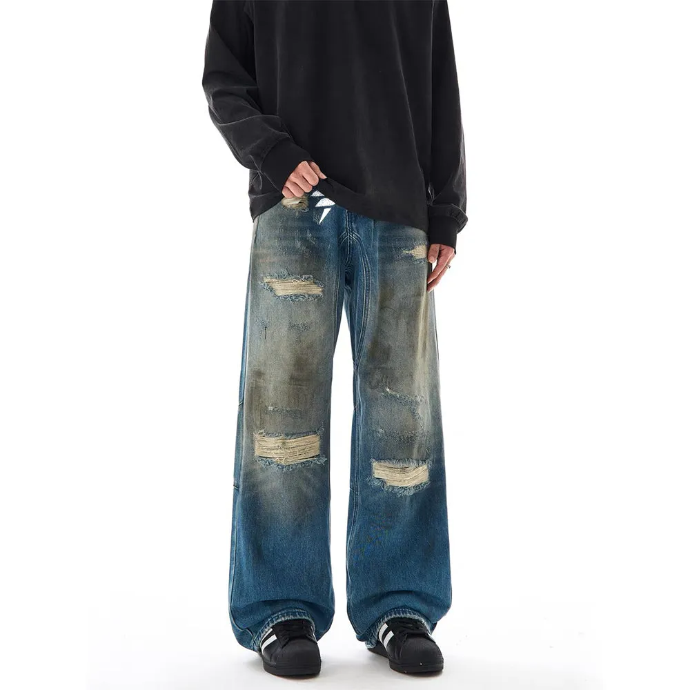 DF Street Retro Blue Distressed Holes Jeans