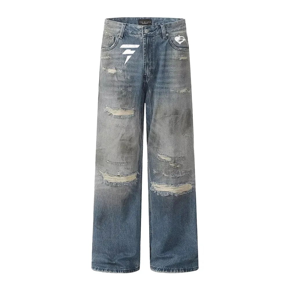 DF Street Retro Blue Distressed Holes Jeans