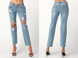 Distressed light wash denim jeans
