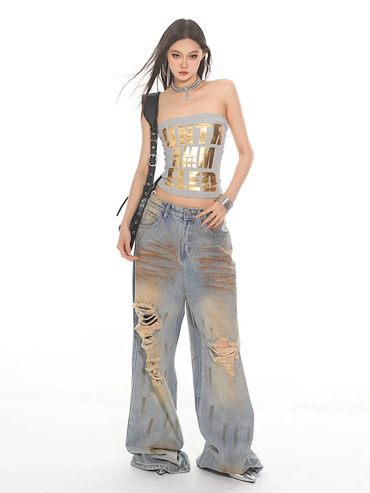 Distressed Rust Wash Ripped Wide-Leg Jeans