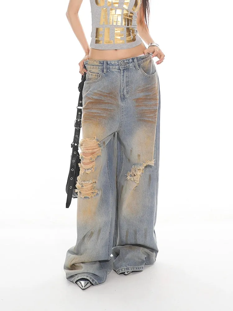 Distressed Rust Wash Ripped Wide-Leg Jeans