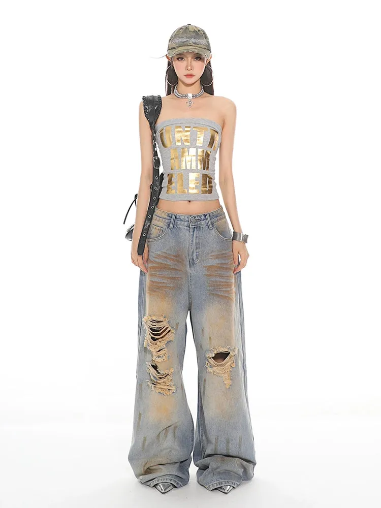 Distressed Rust Wash Ripped Wide-Leg Jeans
