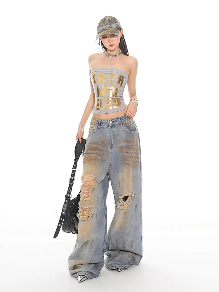Distressed Rust Wash Ripped Wide-Leg Jeans