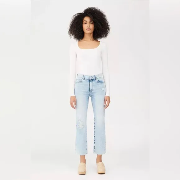 DL1961 Patti Straight Jeans High Rise Ankle Lt Seaglass Distressed Blue NWT 18W