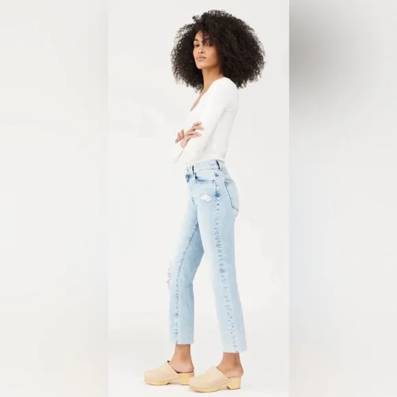 DL1961 Patti Straight Jeans High Rise Ankle Lt Seaglass Distressed Blue NWT 18W