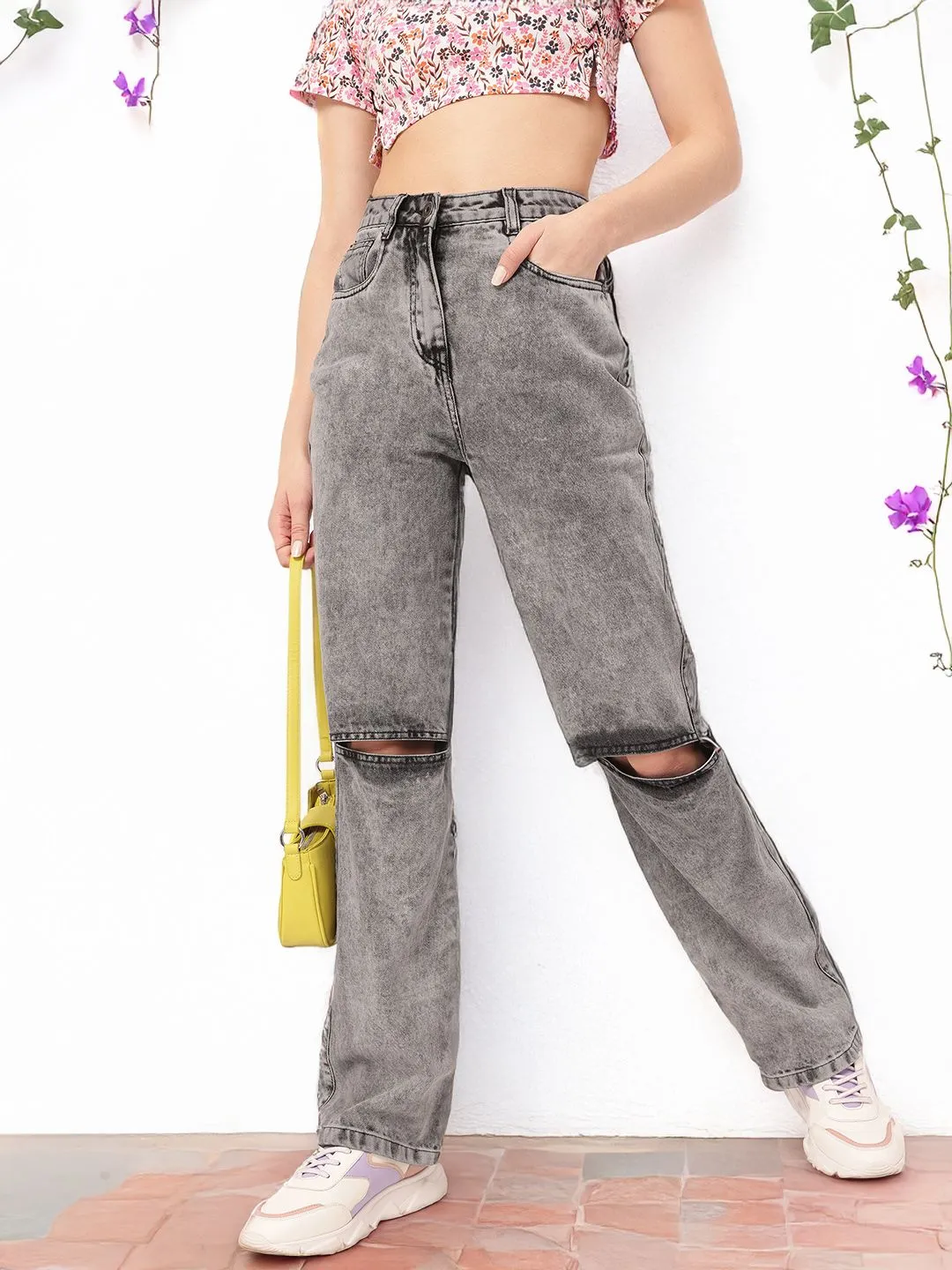 DressBerry Women Grunge Vibe Ripped Straight Jeans