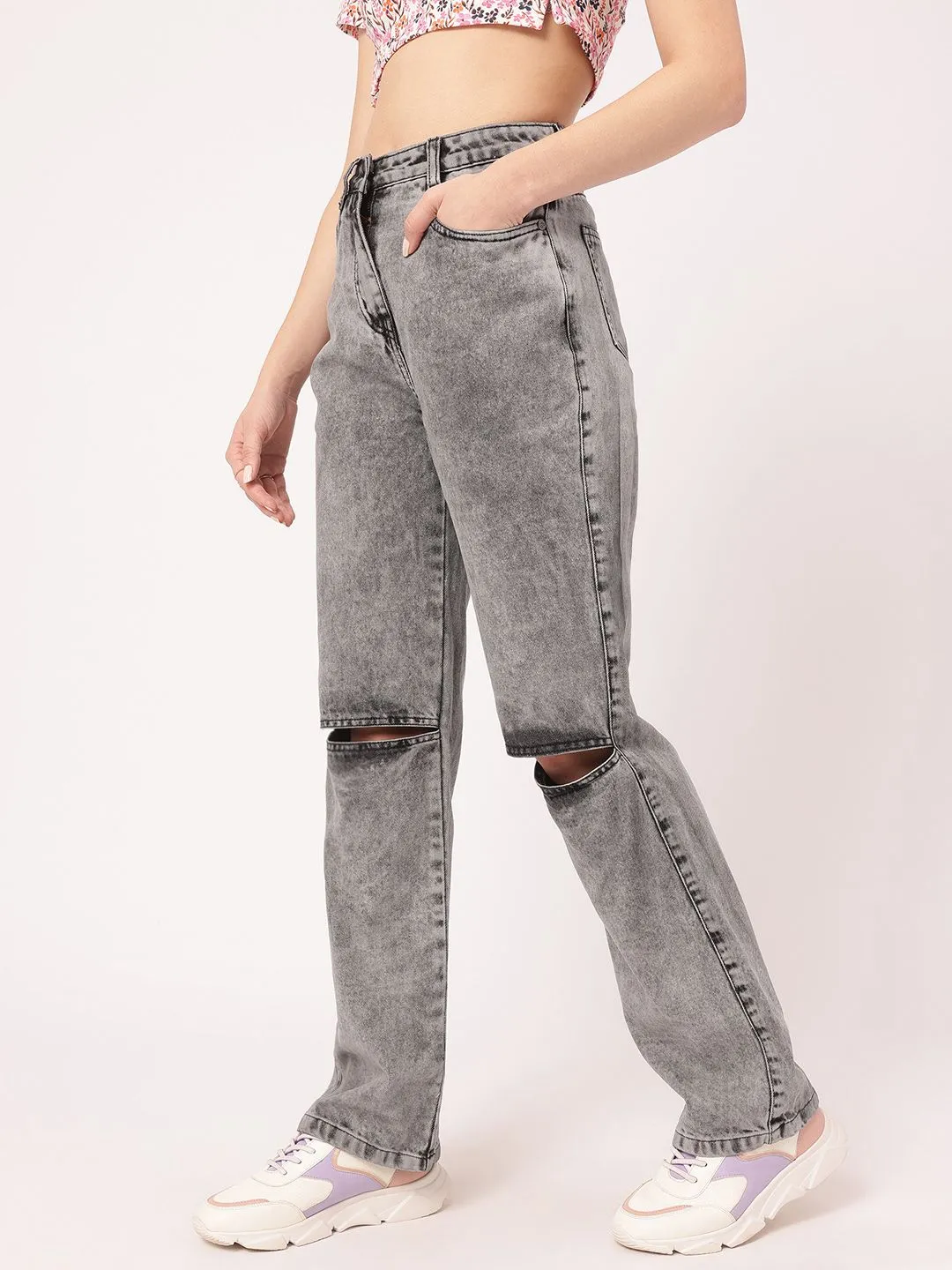 DressBerry Women Grunge Vibe Ripped Straight Jeans