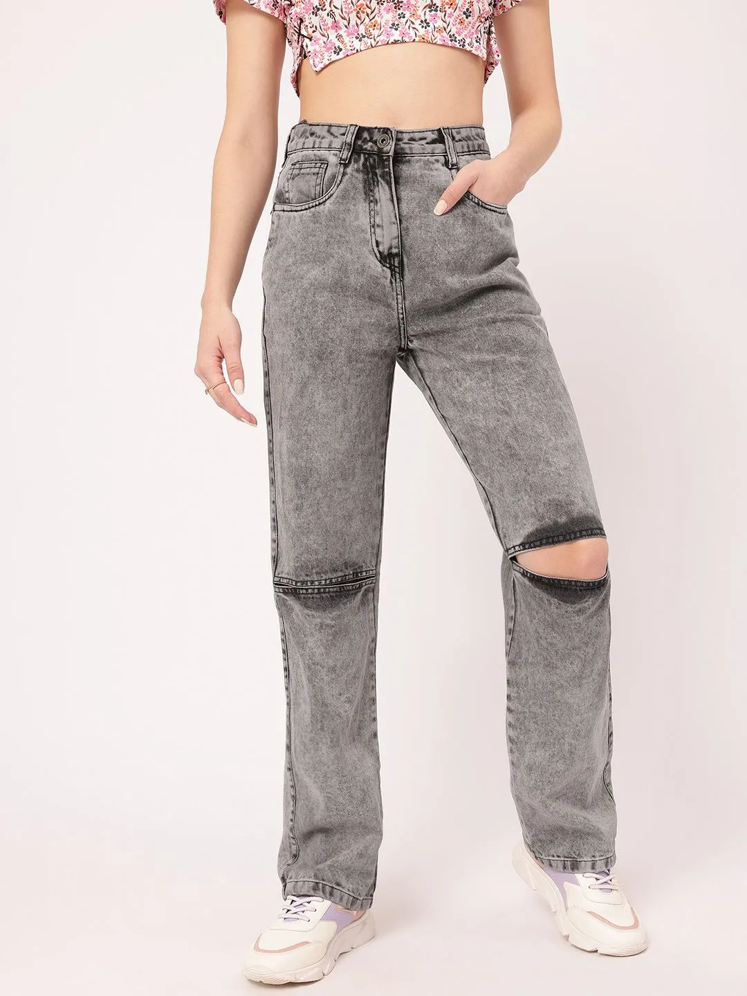DressBerry Women Grunge Vibe Ripped Straight Jeans