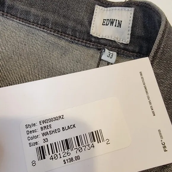 Edwin Bree Slim Straight Crop Raw Hem Jeans Washed Black Size 33 NEW!
