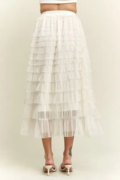 Elastic Waist Layered Mesh Midi Skirt
