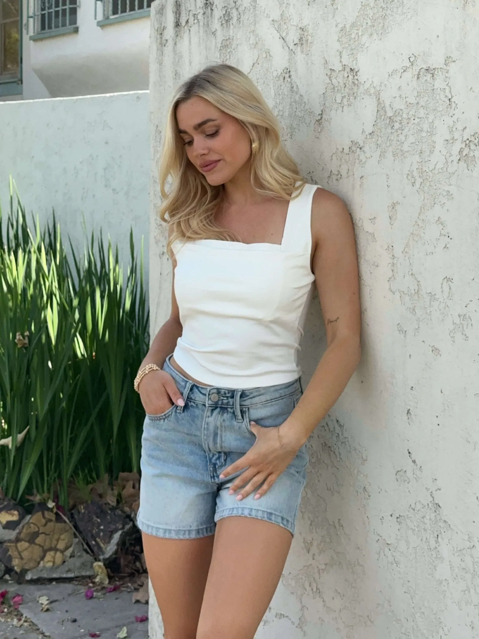 Elegant Double Layer Square Neck Tank Top - Ivory