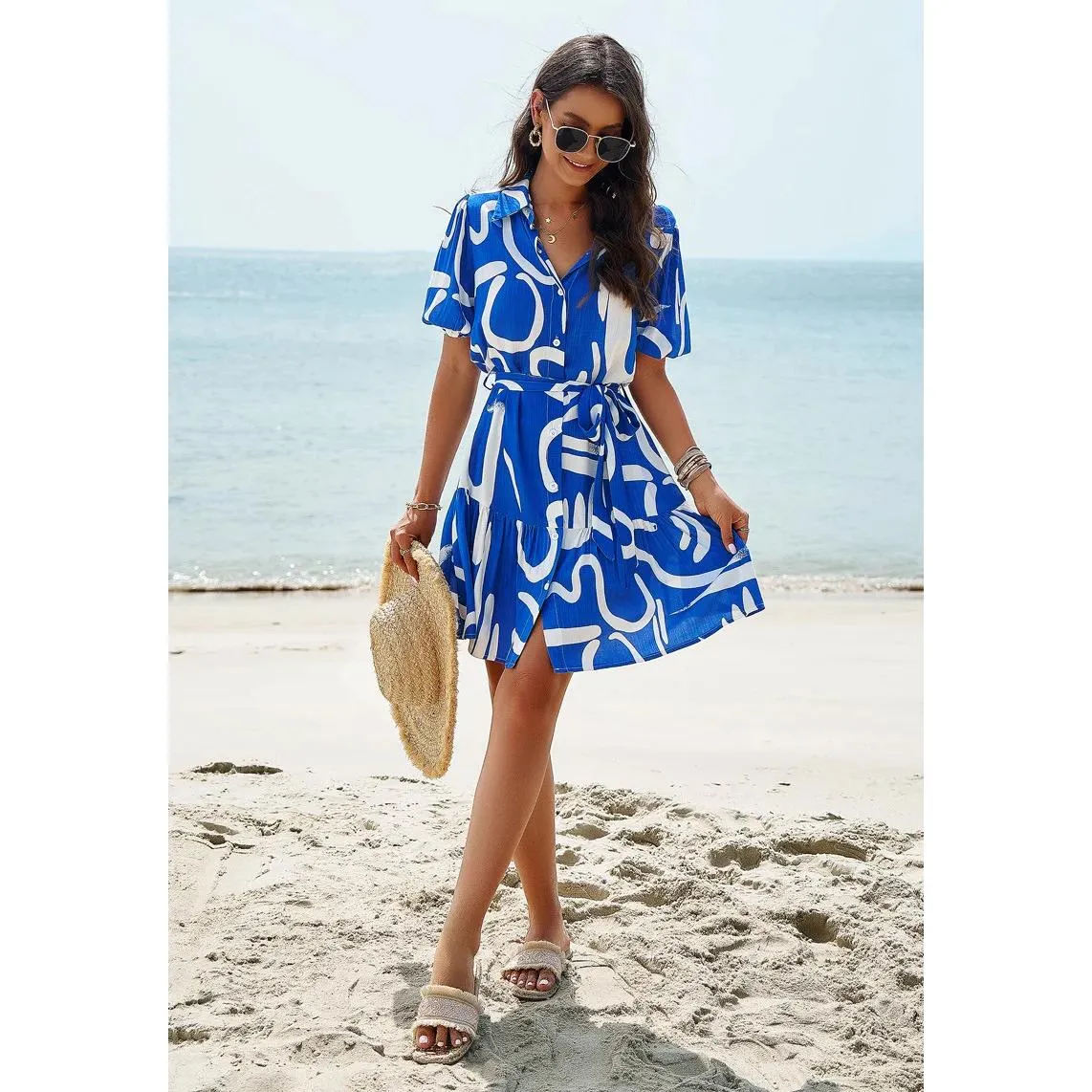 Elegant Printed Short Sleeved Dress for Spring/Summer
