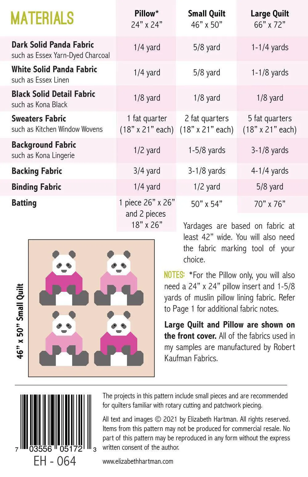 Elizabeth Hartman - Pandas In Sweaters - Small & Large Quilt & Pillow Pattern