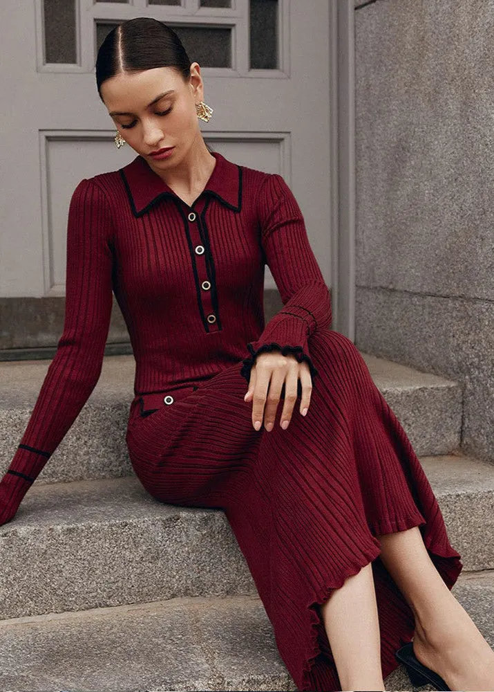 Emilia - Ribbed Knit Polo Midi Dress