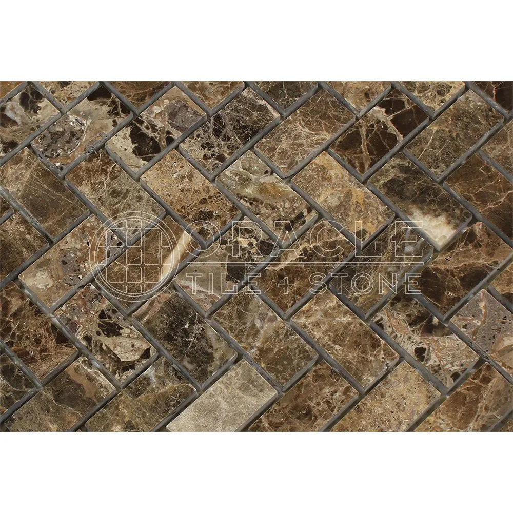 Emperador Dark Spanish Marble 1 X 2 Herringbone Mosaic Tile, Polished