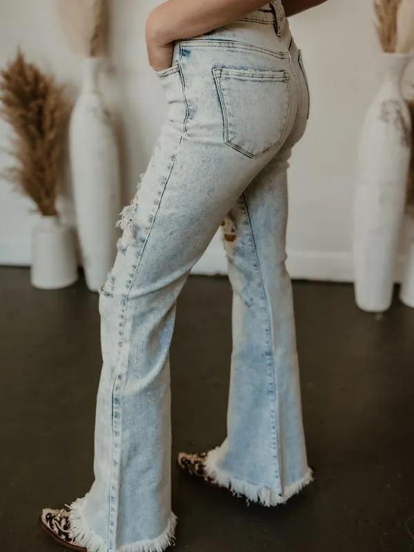 Exclusive Risen Acid Wash Tummy Control High Rise Distressed Flare Jeans