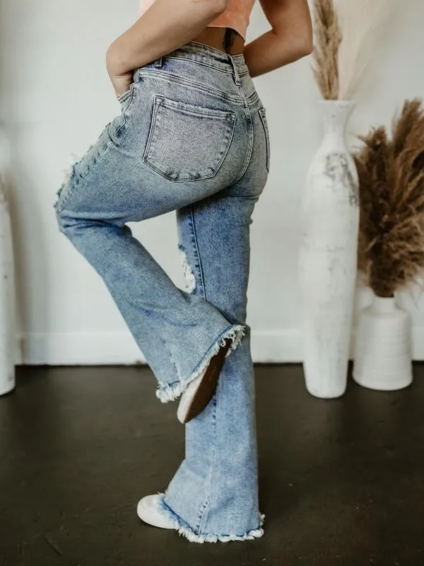 Exclusive Risen Acid Wash Tummy Control High Rise Distressed Flare Jeans