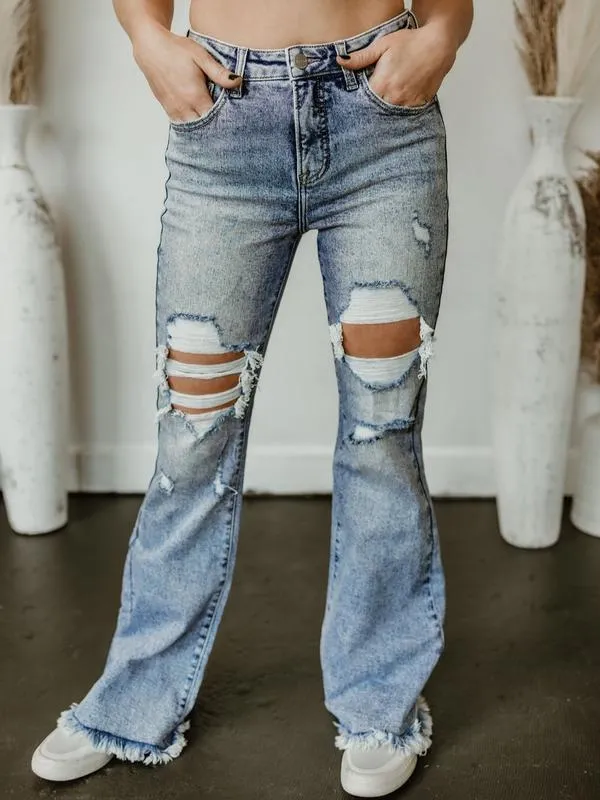 Exclusive Risen Acid Wash Tummy Control High Rise Distressed Flare Jeans