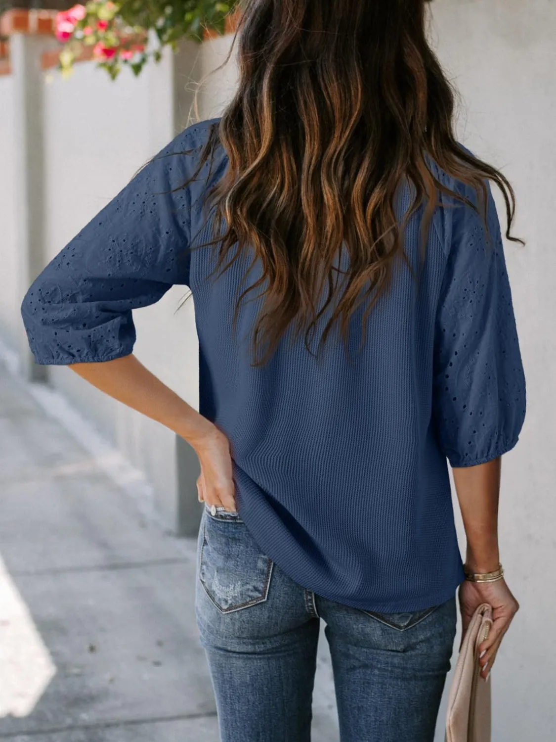 Eyelet Tie Neck Three-Quarter Sleeve Blouse