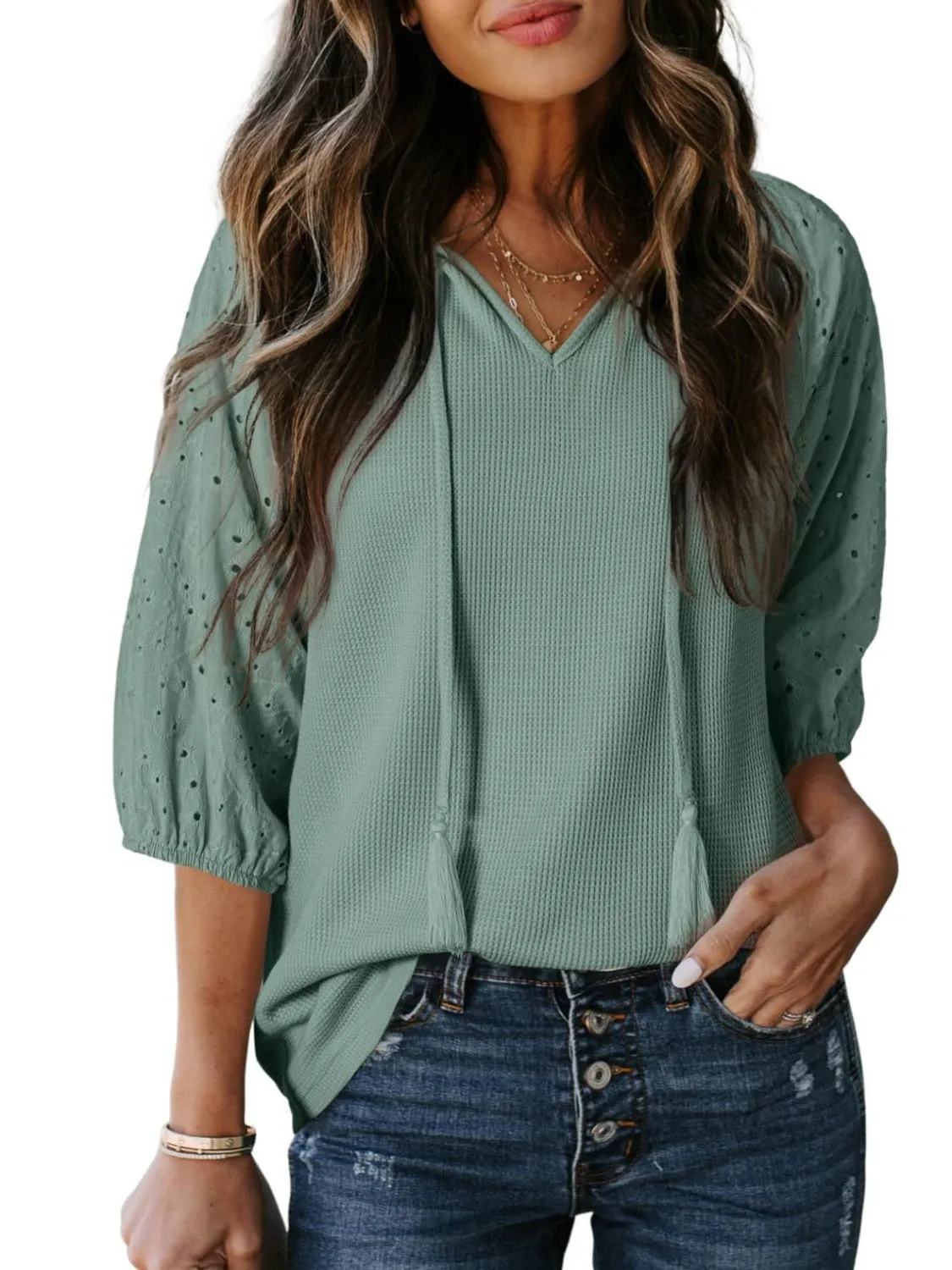 Eyelet Tie Neck Three-Quarter Sleeve Blouse