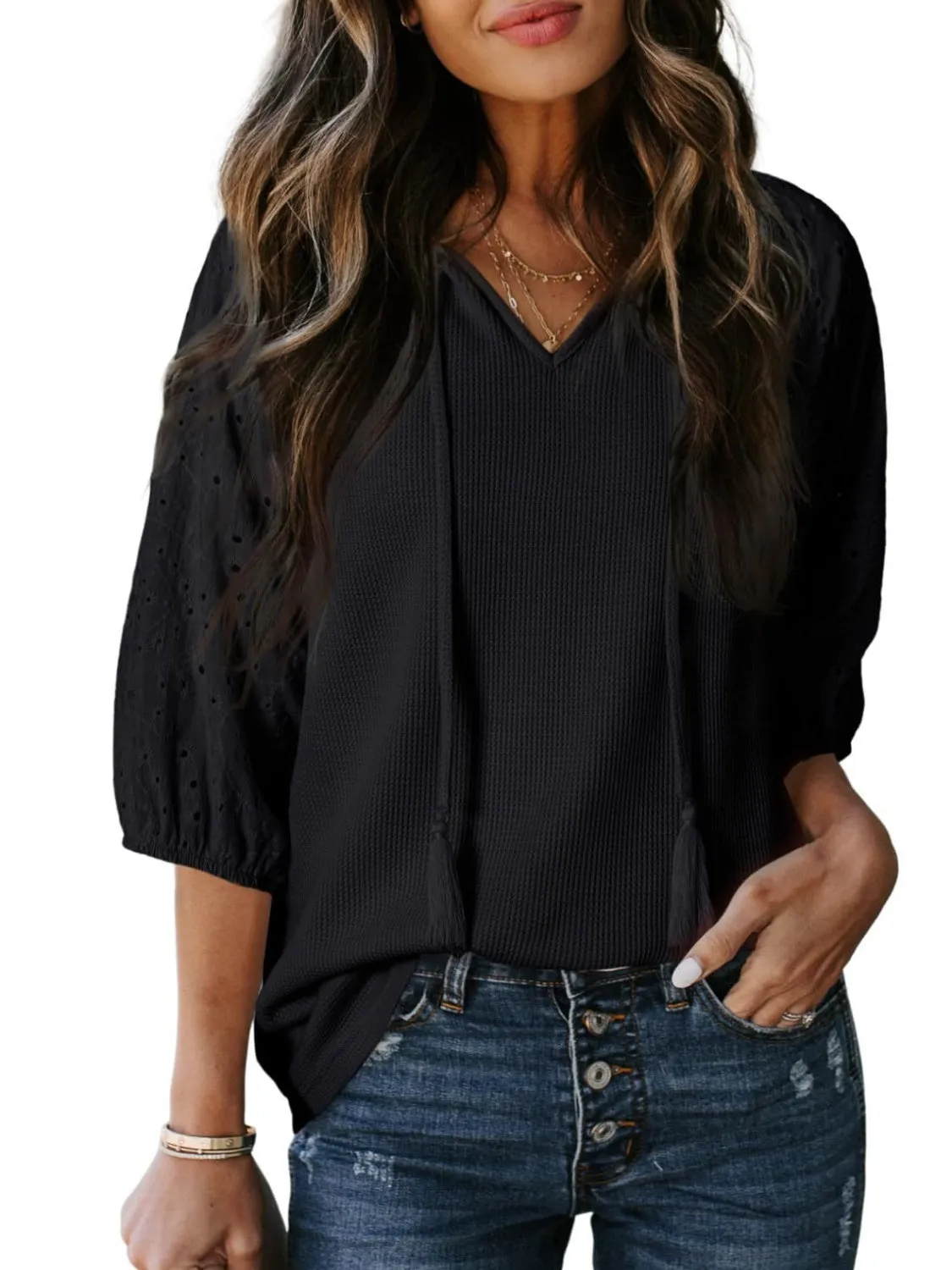 Eyelet Tie Neck Three-Quarter Sleeve Blouse