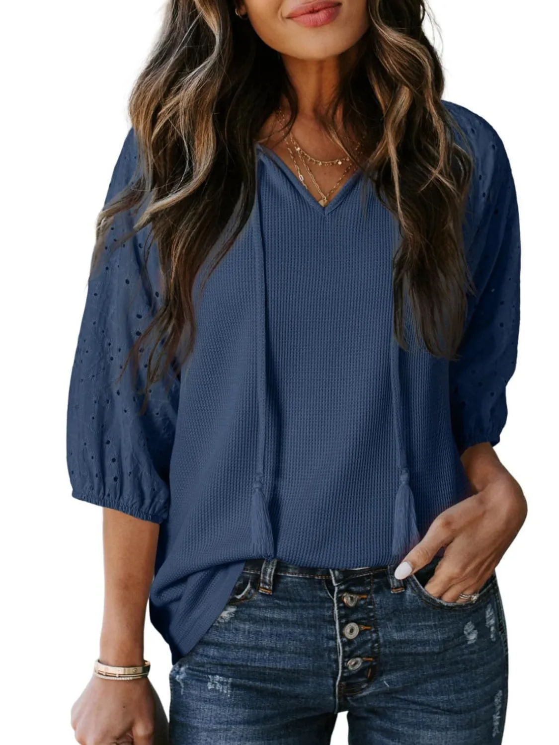 Eyelet Tie Neck Three-Quarter Sleeve Blouse