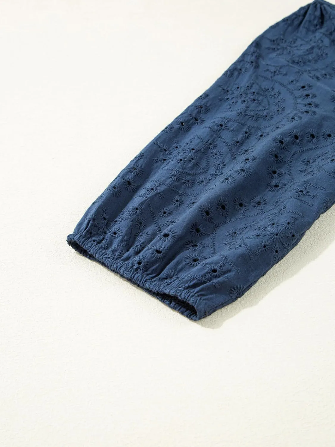 Eyelet Tie Neck Three-Quarter Sleeve Blouse