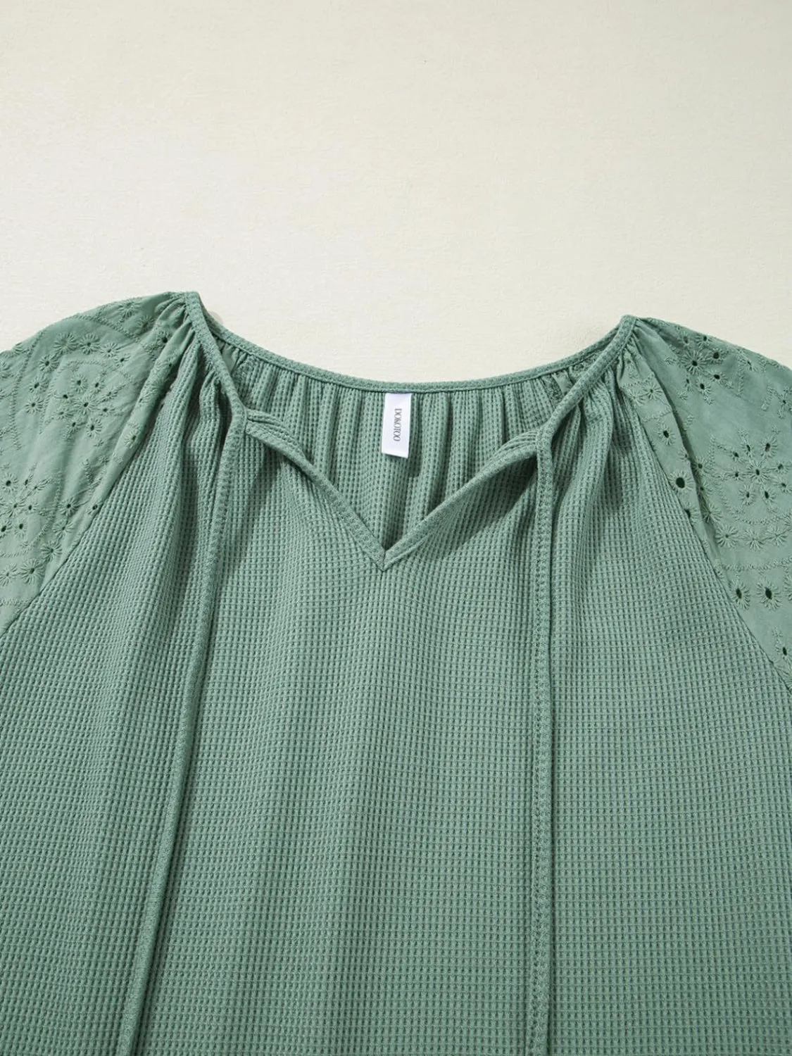 Eyelet Tie Neck Three-Quarter Sleeve Blouse
