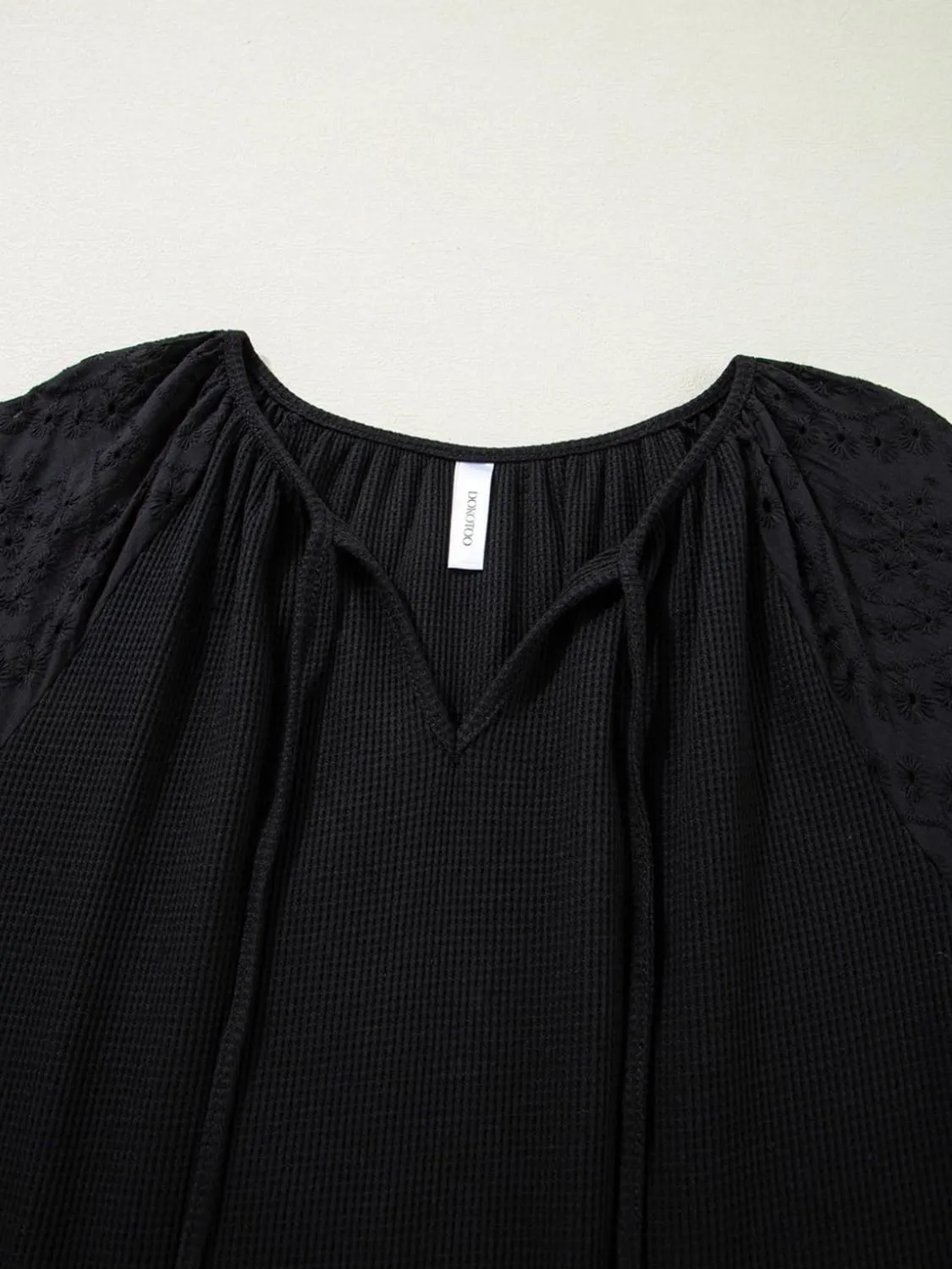 Eyelet Tie Neck Three-Quarter Sleeve Blouse