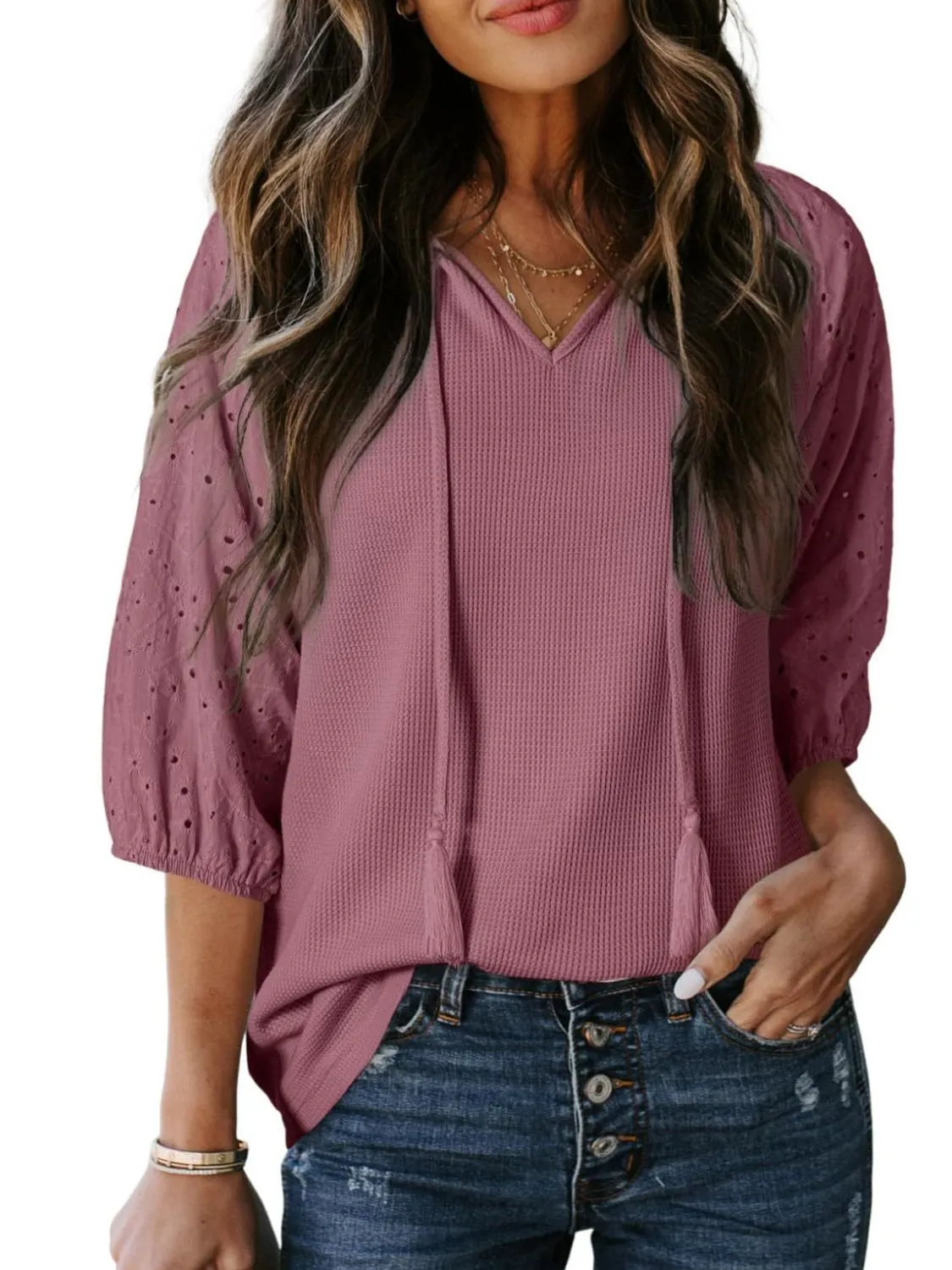 Eyelet Tie Neck Three-Quarter Sleeve Blouse