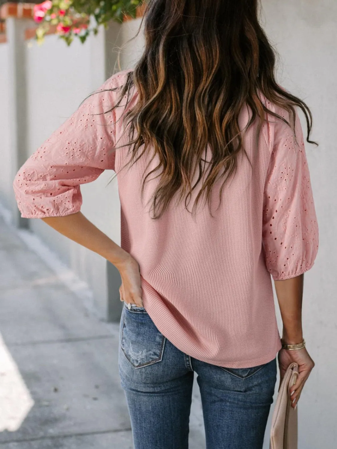 Eyelet Tie Neck Three-Quarter Sleeve Blouse