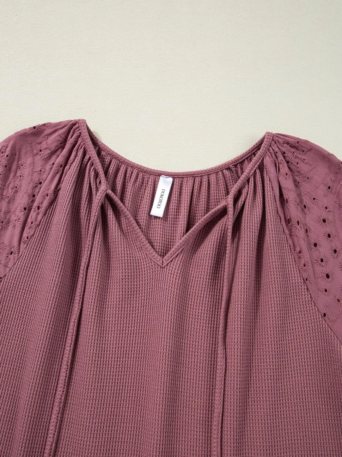Eyelet Tie Neck Three-Quarter Sleeve Blouse