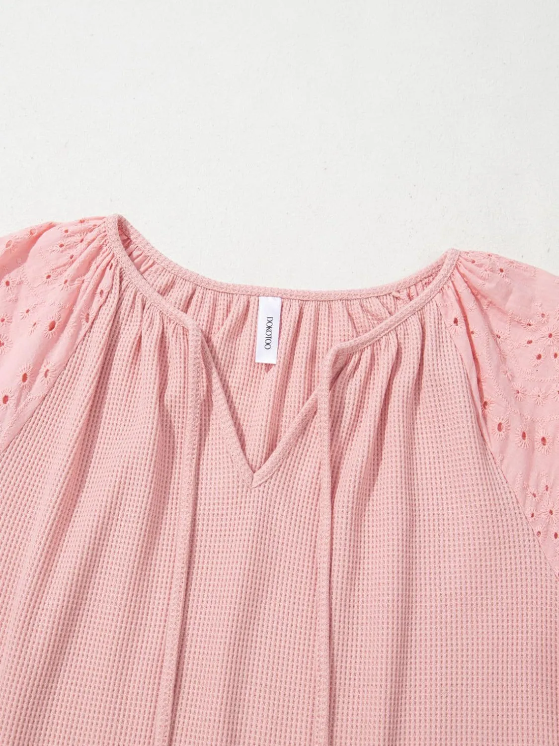 Eyelet Tie Neck Three-Quarter Sleeve Blouse