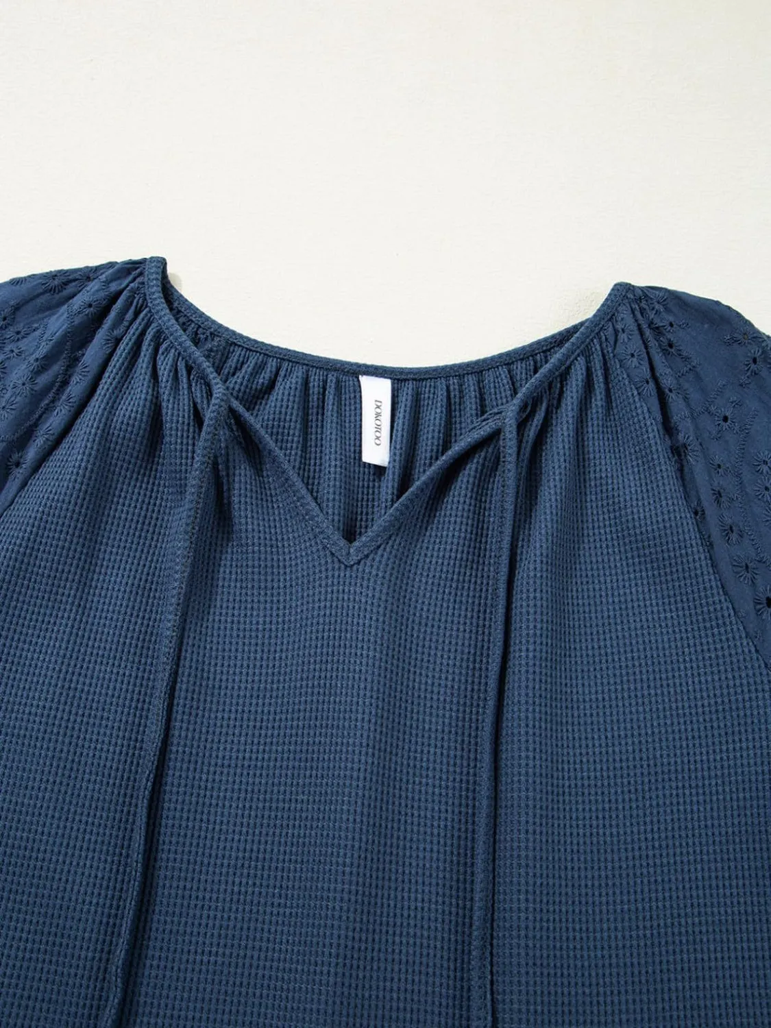 Eyelet Tie Neck Three-Quarter Sleeve Blouse
