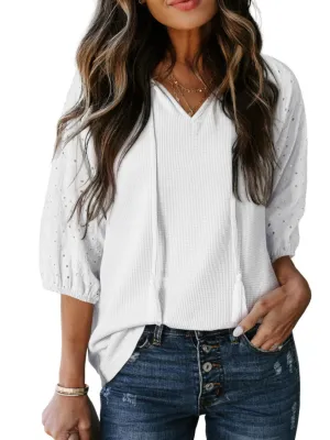 Eyelet Tie Neck Three-Quarter Sleeve Blouse