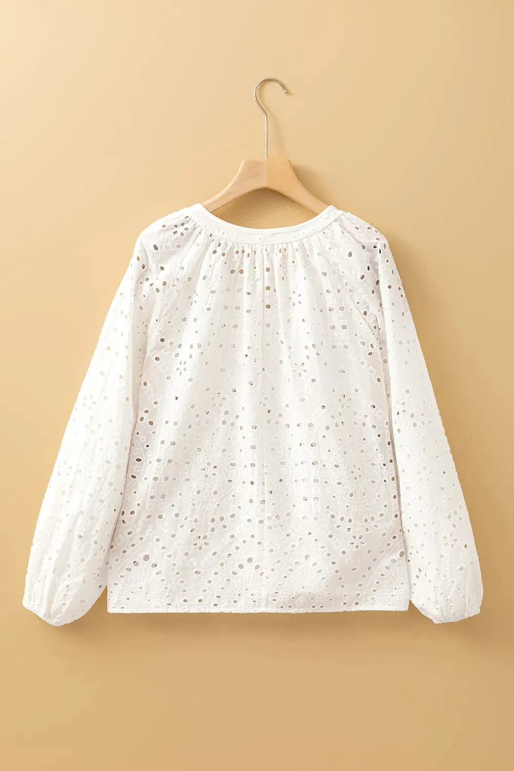Eyelet V-Neck Long Sleeve Blouse