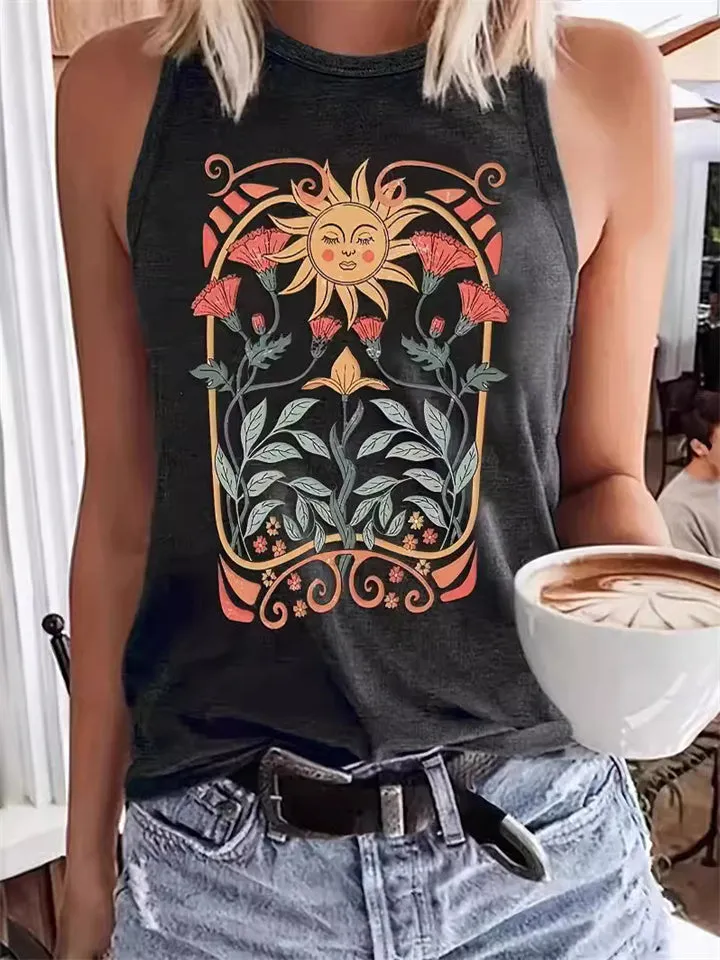 Female Blooming Flowers Sleeping Sun Printed Round Neck Tank Top