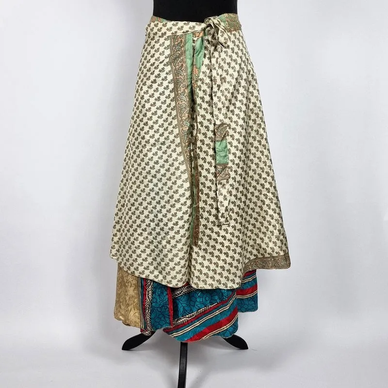 Flattering Indian gypsy wrap skirt, made from vintage silk-mix saree fabrics with Oriental & floral print #56