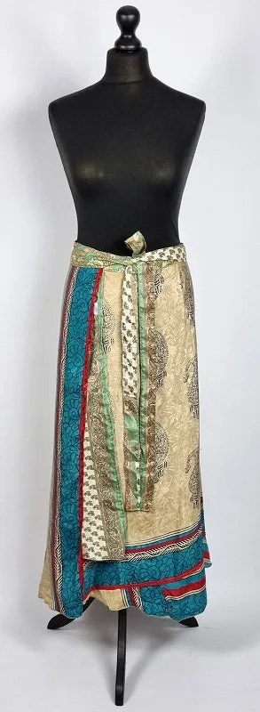 Flattering Indian gypsy wrap skirt, made from vintage silk-mix saree fabrics with Oriental & floral print #56