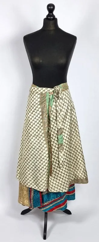 Flattering Indian gypsy wrap skirt, made from vintage silk-mix saree fabrics with Oriental & floral print #56