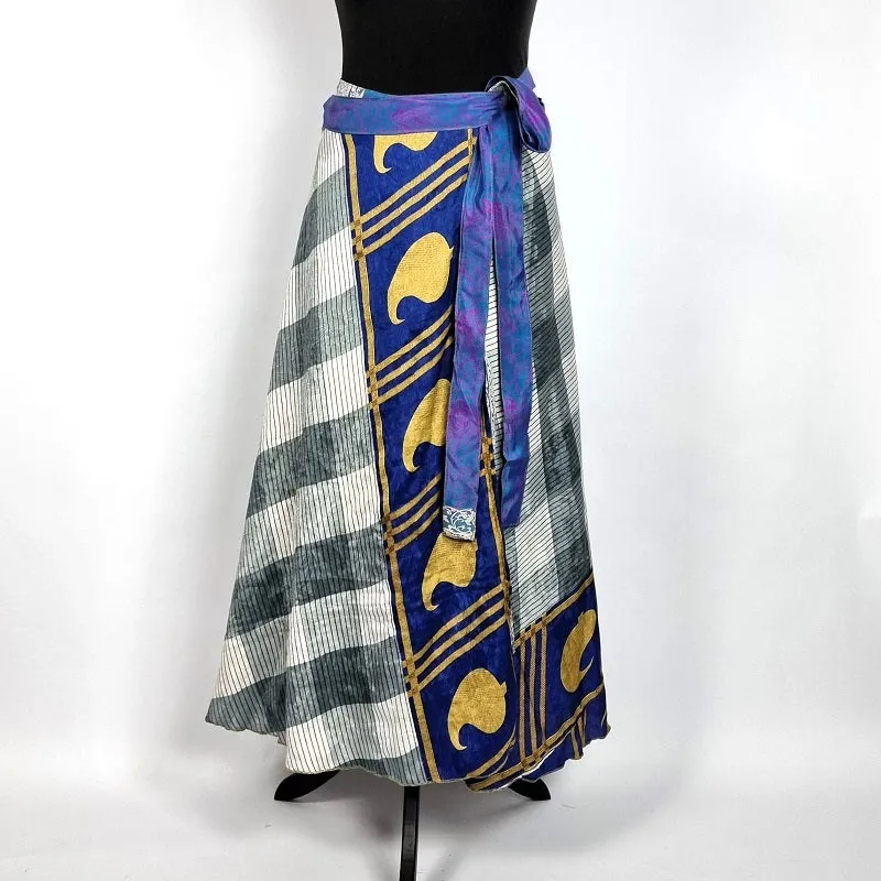 Flattering Indian gypsy wrap skirt, made from vintage silk-mix saree fabrics with Oriental & floral print #59