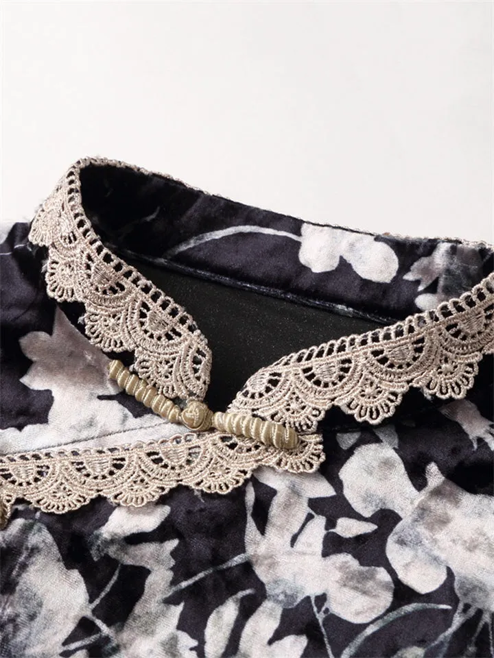 Flower Printed Lace Hem Velvet Shirt for Women