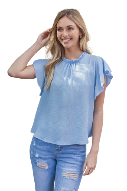 Fold Frill Neckline Butterfly Sleeve Solid Top Blue Light - Pack of 6