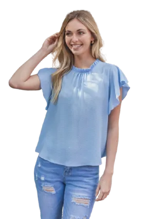 Fold Frill Neckline Butterfly Sleeve Solid Top Blue Light - Pack of 6