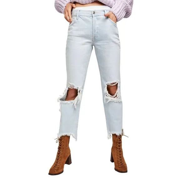 FREE PEOPLE- Maggie Mid-Rise Straight-Leg Jeans Rigid Button Fly Distressed