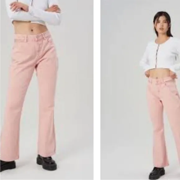 Free People MILK IT Pink Flare Jeans Cutout Waist Size 24 Boho Streetwear Cotton
