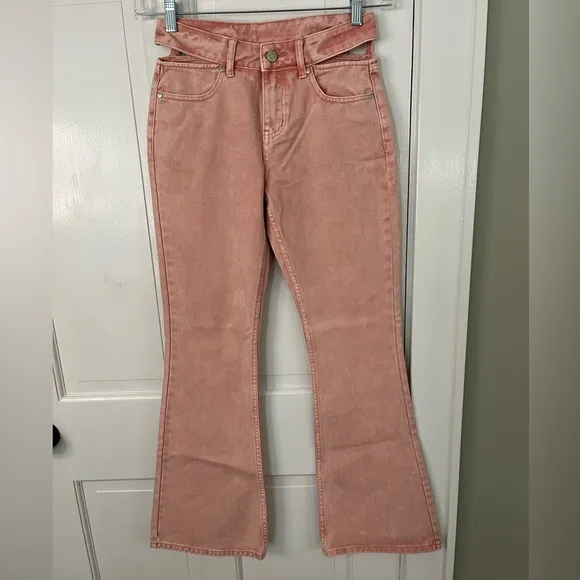 Free People MILK IT Pink Flare Jeans Cutout Waist Size 24 Boho Streetwear Cotton