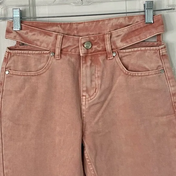 Free People MILK IT Pink Flare Jeans Cutout Waist Size 24 Boho Streetwear Cotton